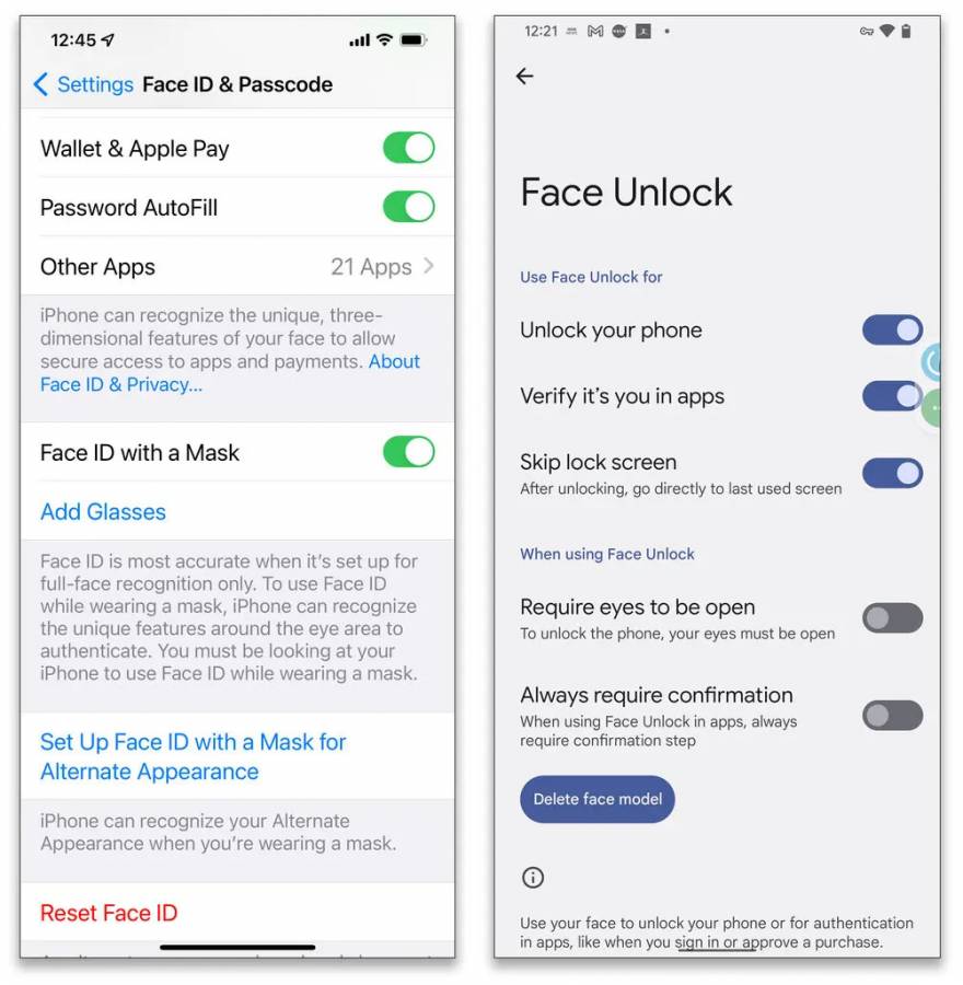 مع كل من Face ID على أجهزة Apple، أقصى اليسار، وميزات Android's Face Unlock، تظل المعلومات المتعلقة بوجهك على الهاتف ويمكنك ضبط الإعدادات أو حذف البيانات إذا أردت ذلك.
