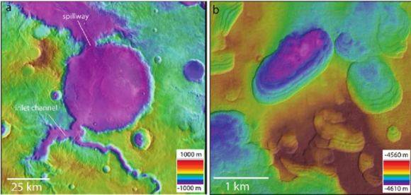 مثال على بحيرة كبيرة تشكلت في فوهة بركان على سطح المريخ (على اليسار) وبحيرة صغيرة تشكلت في التربة الصقيعية ( على اليمين).